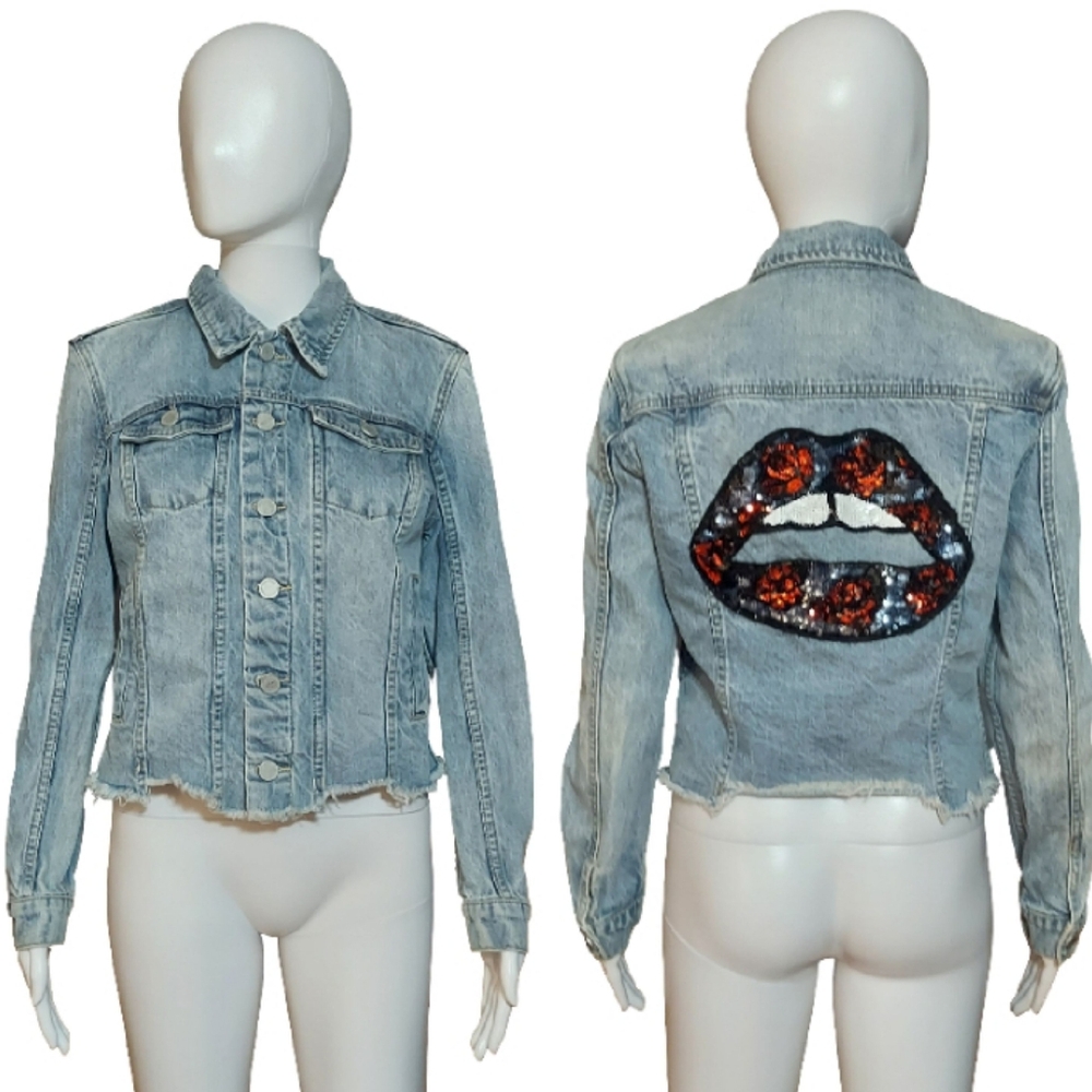 Blank NYC Upcycled Sequin Rose Lips Cropped Raw Hem Jean Jacket